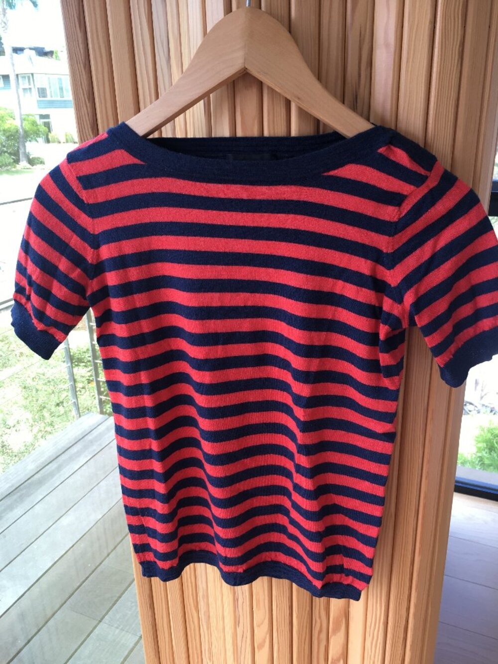 APC navy and red striped short sleeve wool top